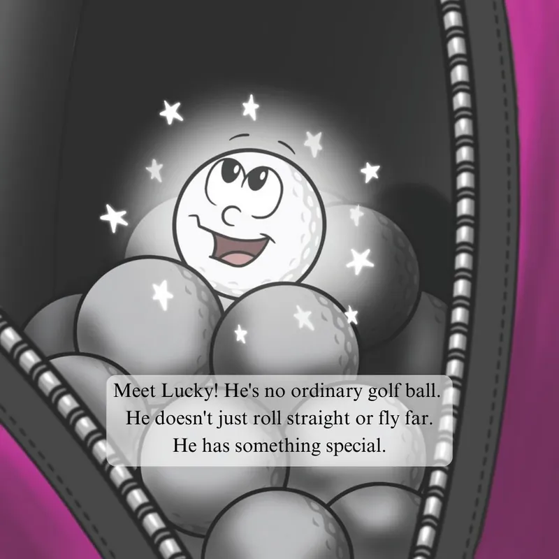 Lucky glows among other golf balls in a golf bag. Text: Meet Lucky! He's no ordinary golf ball. He doesn't just roll straight or fly far. He has something special.
