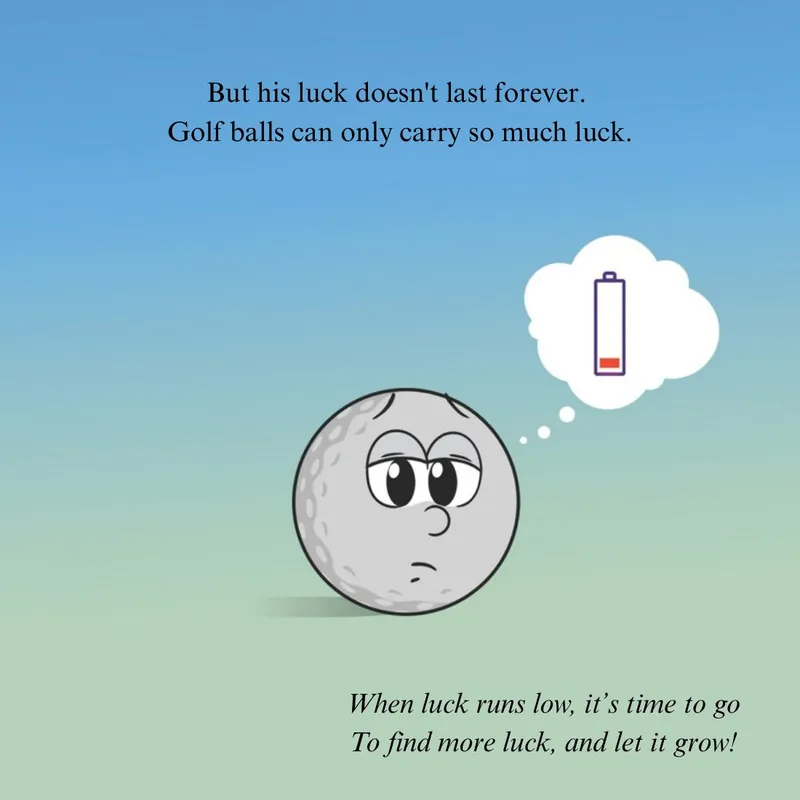 Lucky looks tired, thinking of a nearly empty battery. Text: But his luck doesn't last forever. Golf balls can only carry so much luck.